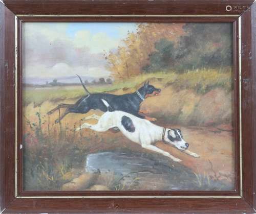 Two dogs running in a landscape setting, oil on board, 29.5cm x 37cm,