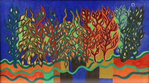 Abstract, multi-coloured plants, poster paint, dated M1966, 31cm x 54cm,