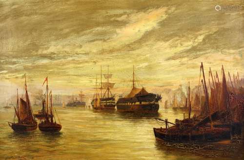 Charles Napier Hemy (British, 1841-1917). Ships in port at dusk, signed, oil on canvas, 50cm x 75cm