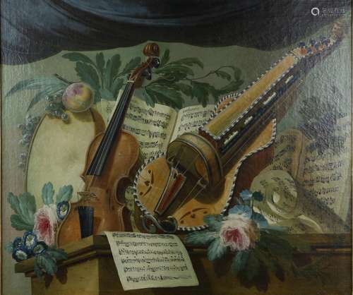 19th century French school, still life depicting musical instruments, sheet music, flowers and