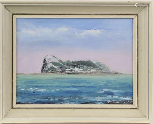 John J Risso, 20th century, 'The Rock of Gibraltar, from the bay', signed, oil on canvasboard, label