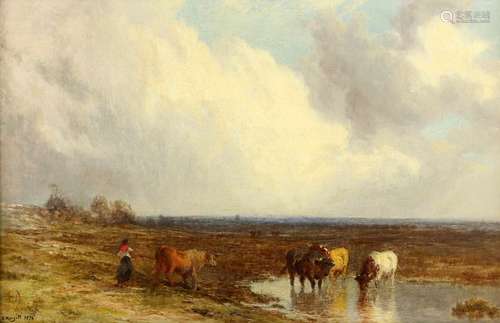 Edward Hargitt (Scottish, 1835-1895), 'Cattle Watering', oil on panel, signed and dated 1874 lower