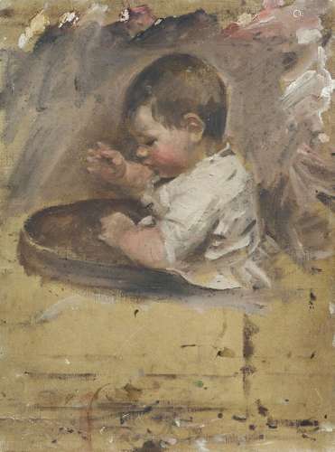 20th century English School, sketch of a small child in a high chair, oil on canvas board, 40.5cm