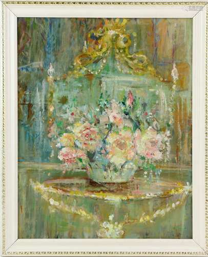 20th century, still-life of flowers on a console table, oil on board, 48.5cm x 38.5cm,