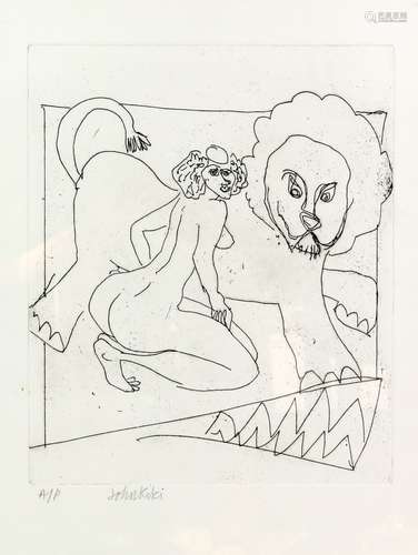 John Kiki (British, b.1943). Artist proof etching. Woman with Lion. signed and marked A/P in