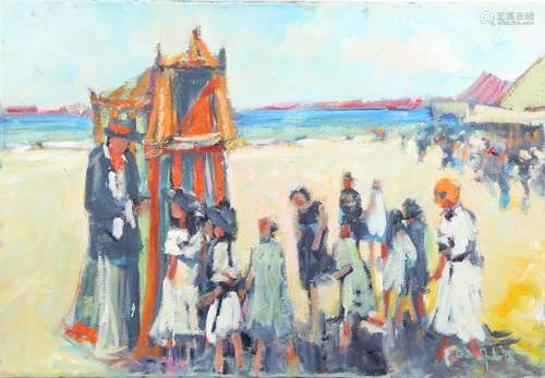 Ross Foster (20th-21st century), before the Punch & Judy show, signed, oil on canvas, 50cm x 73cm,