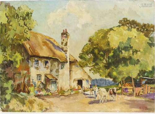 H. Riley, 20th century, scene outside a farm house with cattle and figures, signed, oil on board,