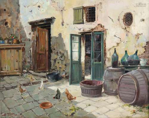 H Travino, 'Rustico', Continental scene, courtyard with chickens, oil on board, signed H Travino,