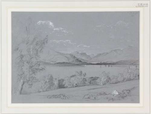 Peter De Wint (British, 1784-1849), lake district view, black and white chalk, 25.5cm x 35.5cm,