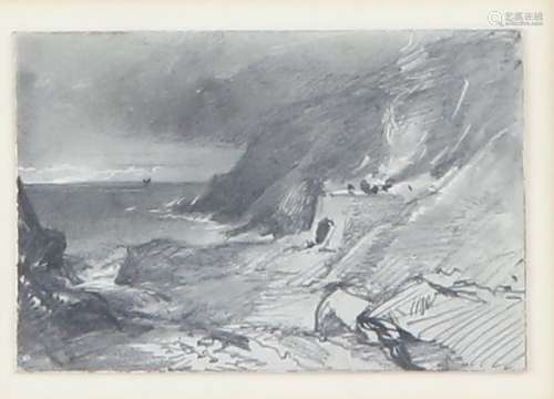 Samuel Phillips Jackson (British, 1830-1904), 'View of a Rocky Shore', pencil, 6.5cm x 4.5cm.