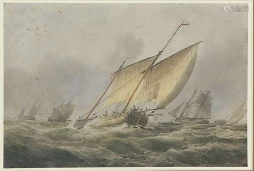 Attributed to John Canteloe Joy, 'Lugger and other shipping in a stiff breeze', watercolour, 16cm