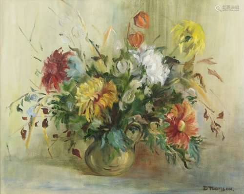 Lady Dorothy Thomson, 20th century, 'Chrysanthemums', signed, oil on board, label verso, 38.5cm x