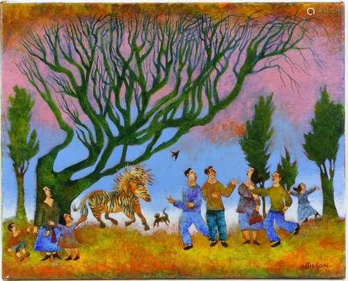 Harry Bilson (Icelandic, b.1948). Figures dancing under a tree, oil on canvas, signed lower right,