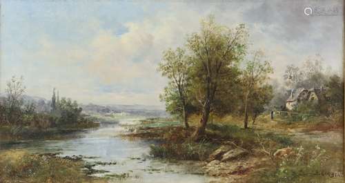 B. Lambert, 19th century, landscape scenes with figures by rivers, signed, oil on canvas, 36.5cm x