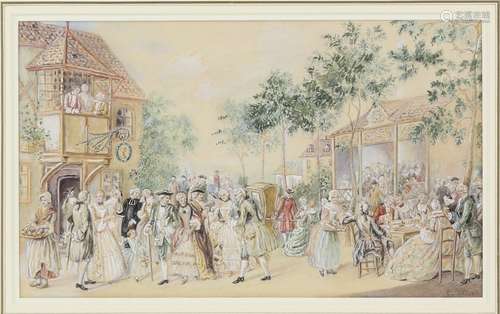 C. Vinot, 19th century style scene of figures outside a tavern, seated and in carriages, signed,