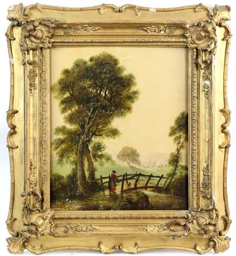 Rural scene with figure and dog crossing bridge, oil on panel, labelled verso as 'A View near