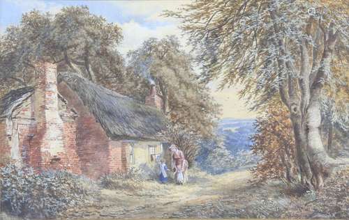 Late 19th/early 20th century English School, landscape with mother and children outside a cottage,