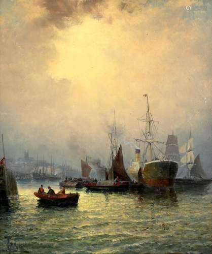 William Anslow Thornley (British, 1857-1935). Harbour scenes at dusk with boats and figures, signed,