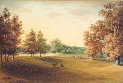 19th century English School, autumnal parkland landscape with cattle and a church in the distance,