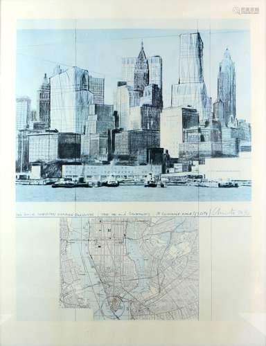 Christo And Jeanne-Claude, 1935-2020, 'Two Lower Manhattan Wrapped Buildings' lithograph, signed