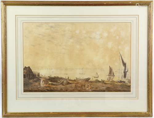 English School (c1806). Sailing ships moored in a channel, various fishing figures and an