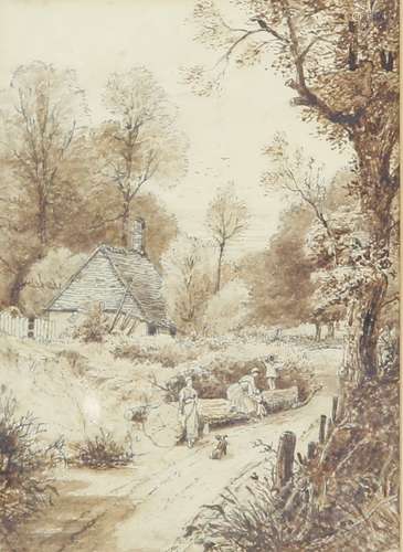 Style of Birket Foster, country scene of figures by a tree trunk a cottage behind, unsigned, 17cm