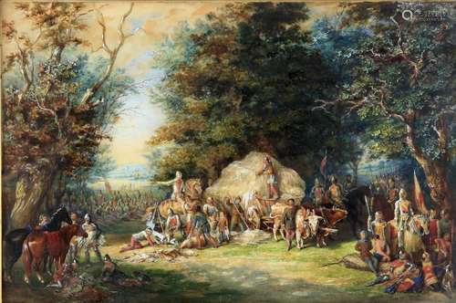 Manner of Sir John Gilbert (1817-1897). An Army of Crusaders Resting in a wooded clearing.