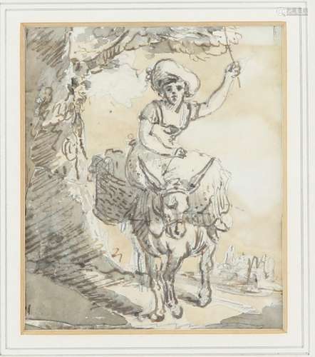 Henry William Bunbury (British, 1750-1811), woman riding a donkey, pencil and ink, 8cm x 10cm,