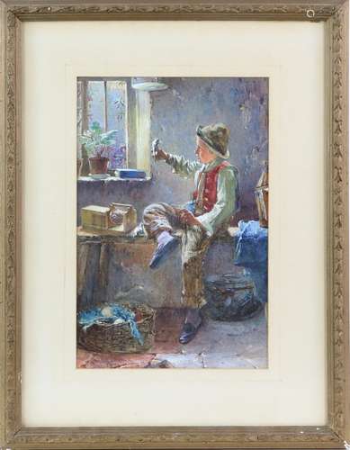 Carlton Alfred Smith (British, 1853-1946), Boy sitting by a window holding a mouse, watercolour