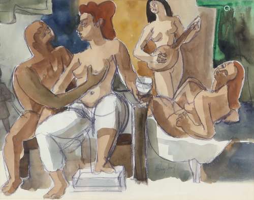 Study of four nudes, indistinctly signed, watercolour and crayon, 36cm x 47cm,