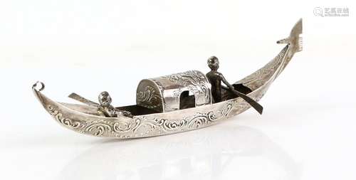 Edwardian silver model of a Gondola with two oarsmen with scrolled decoration to the port and