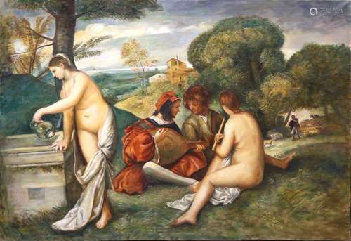 Studio Dagher, after Titian, figures in a pastoral landscape, oil on canvas, 89cm x 130cm, in our