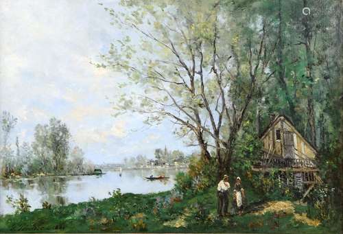 19th century Continental school, Landscape with figures by a cottage with a river in the background,