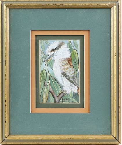 20th century painting of a small bird perching on a branch, monogrammed 'JOO' and with a beetle, pen