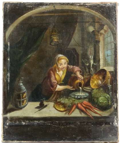 19th Century school. After Gerrit Dou. Kitchen maid seen through a window. Oil on canvas, re-laid.