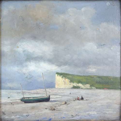 E. Berthelemy (early 20th century), coastal scene with figures on a beach with a boat and chalk