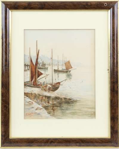 A Scott Kestin, harbour scene with boats and figures, signed, watercolour, 24.5cm x 19.5cm,