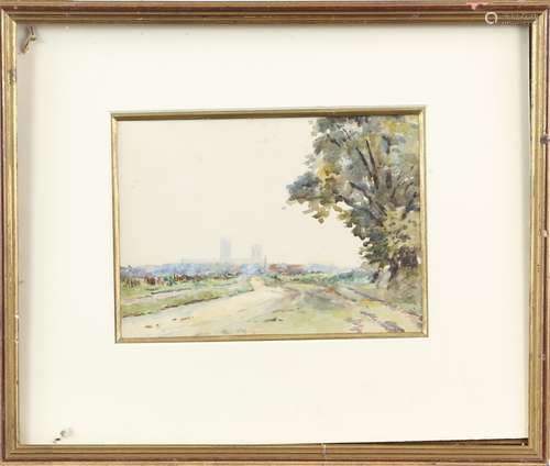 20th century English School, view of a cathedral along a country track, watercolour, 14.5cm x 20.