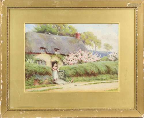 Early 20th century English School, woman standing at a cottage gate with chickens, signed with