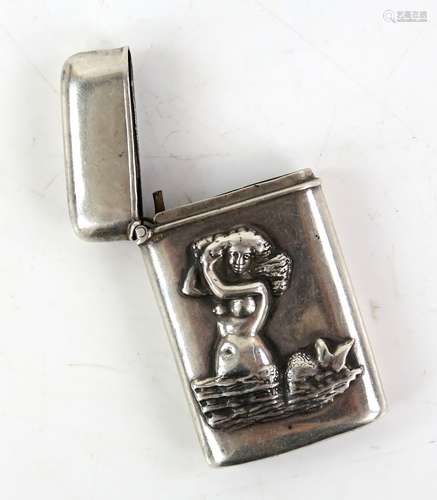 Sterling silver vesta case, decorated with a mermaid in high relief, with English import marks, 6 cm