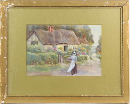 Early 20th century English School, scene outside a cottage on a country lane with a woman holding