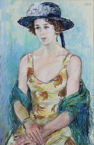 Glenys Ambrus ARCA (British, contemporary) Pastel portrait of a woman seated, wearing hat and summer