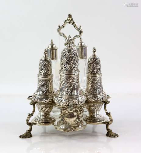 George II silver five-piece cruet, by John Delmester, London 1758, comprising sugar caster, pepper