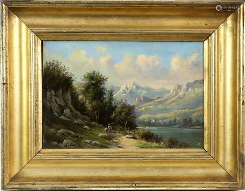 Watercolour of a landscape with sheep grazing in a field overlooking a valley with sea to