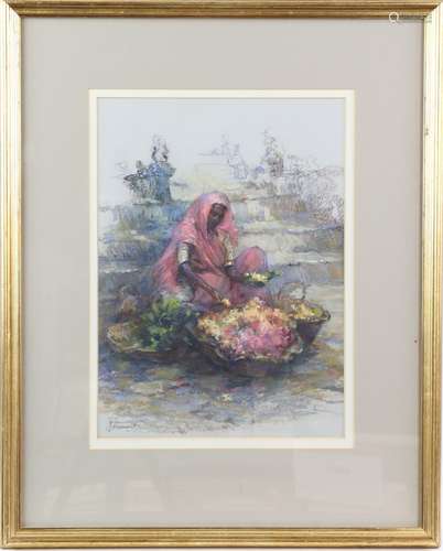 Margaret Claremont, Temple Flower Seller, pastel, signed lower left, 36 x 26cm