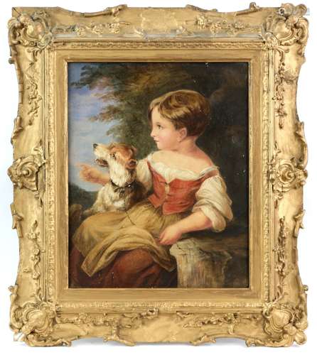 19th century Continental school, Young girl with her dog, watercolour and heightened body colour,