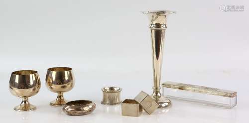 Selection of silver items to include a sterling silver vase with weighted base, two goblets,