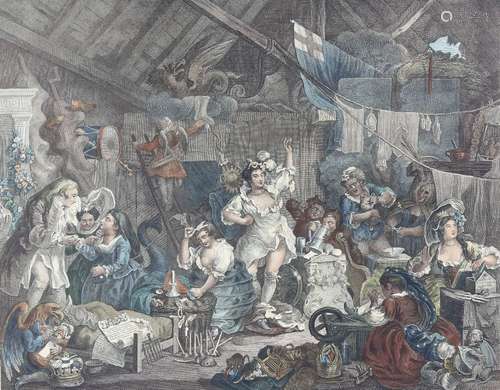 Three coloured prints after William Hogarth and engravings by Charles Grignon and Francois Antoine