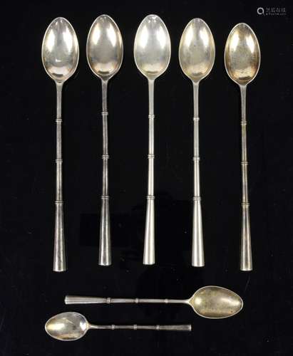 Set of five sterling silver sorbet spoons, the stems modelled as bamboo, with two smaller