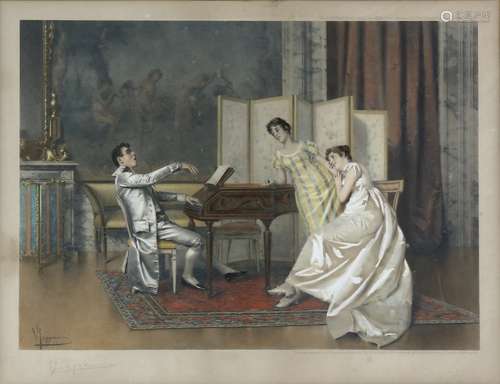 Late 19th century print after V. Reggianini, interior scene with a young man singing and playing the